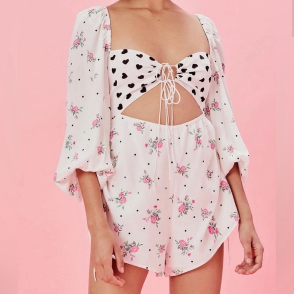For Love and Lemons Floral and Heart Cute Romper Small